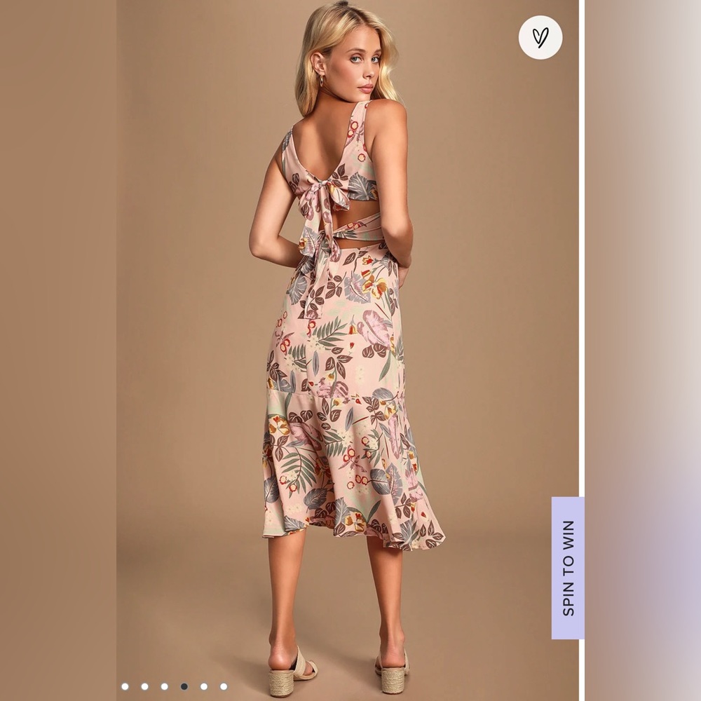 Lulus Island Sun Blush Pink Tropical Print Tie-Back Midi Dress NWT